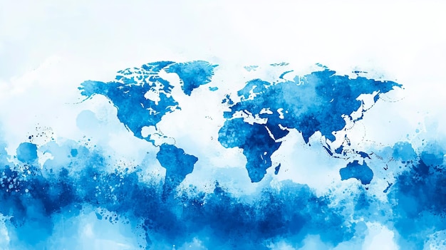 Photo a blue watercolor map of the world on a white background