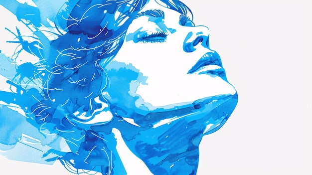 Photo blue watercolor portrait of a serene woman with closed eyes head tilted upwards