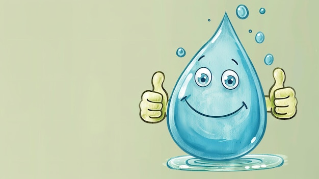 Photo blue waterdrop cartoon illustration with thumbs up on a light green background and ample copy space for textual use generative ai