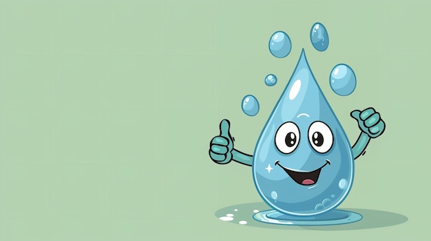 Photo blue waterdrop cartoon illustration with thumbs up on a light green background and ample copy space for textual use generative ai