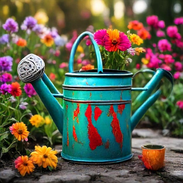 a blue watering can with a flower pot on it