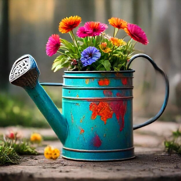 Photo a blue watering can with flowers in it and a brush in it