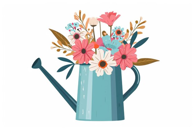 Photo a blue watering can with flowers in it