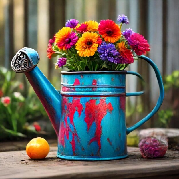 a blue watering can with flowers and an orange