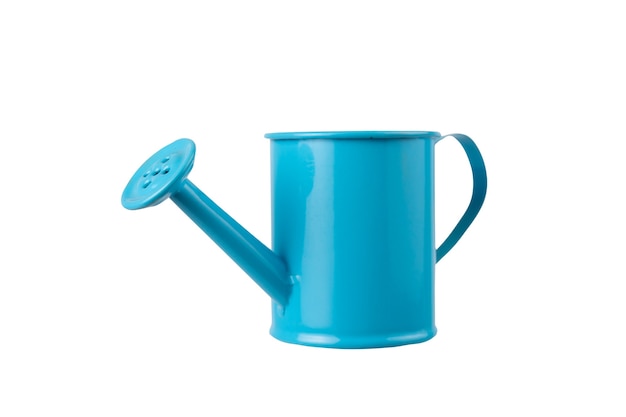 Blue watering can with handle on white on isolated background