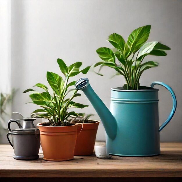 Photo a blue watering can with a plant growing out of it