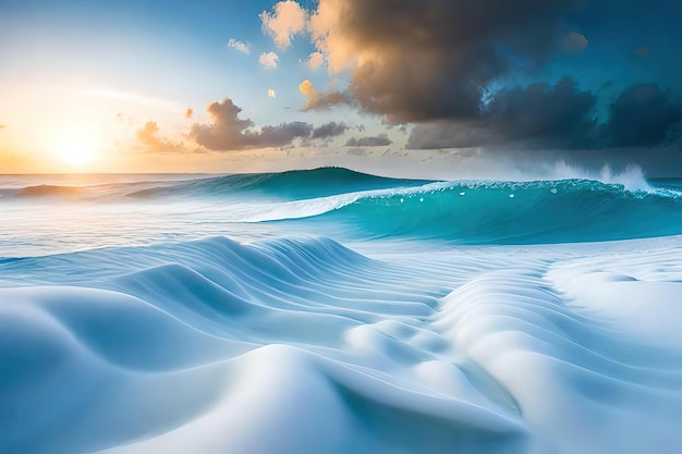 A blue wave is rolling in on the beach.