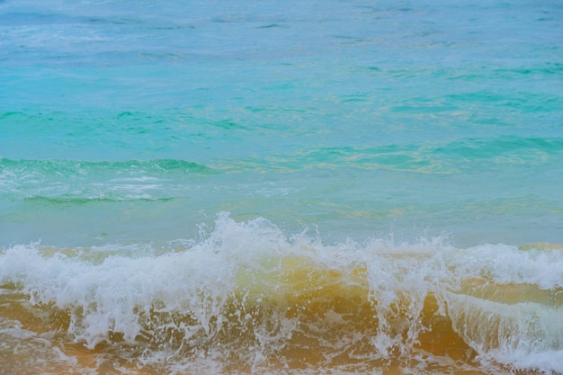 Blue waves of the ocean and yellow sand of the beach.