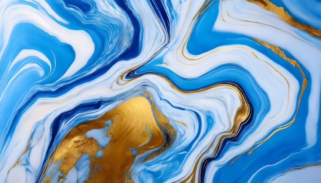 Blue waves swirls gold painted abstract marble background