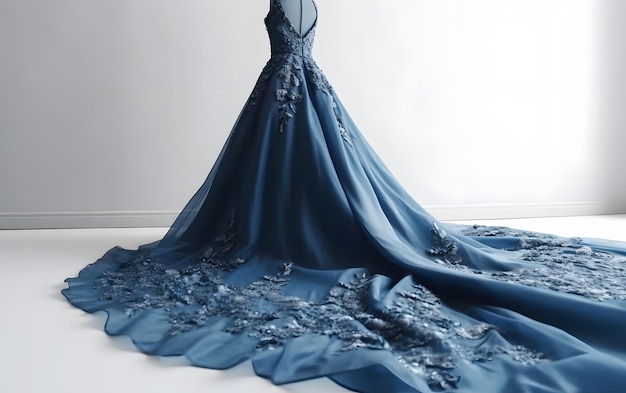 A blue wedding dress with a train on it