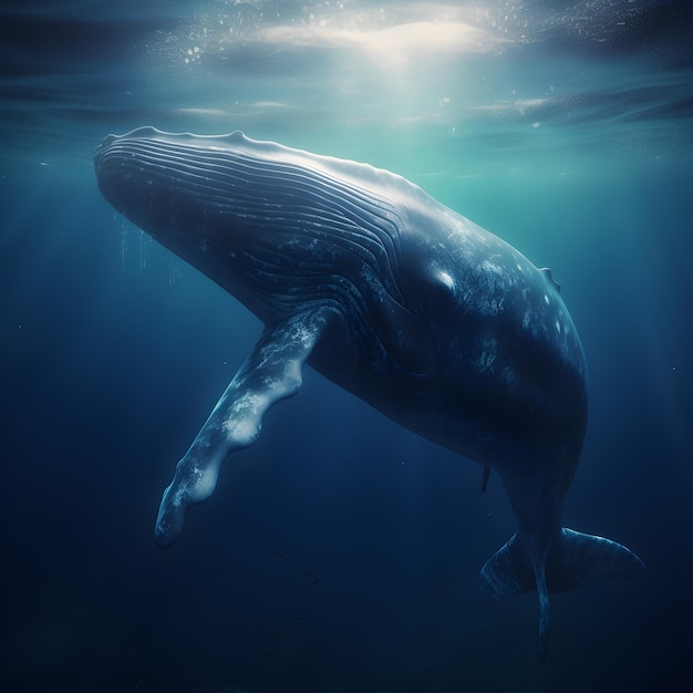 A blue whale is swimming under the water.