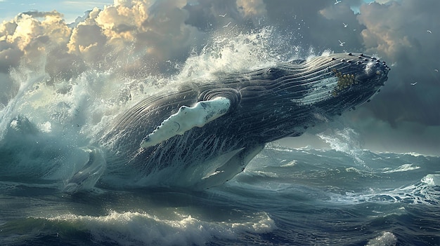 A blue whale jumping out of the ocean with a large splash