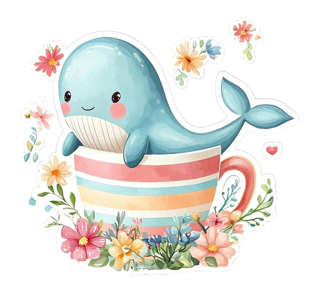 a blue whale with a cup of coffee and a picture of a dolphin