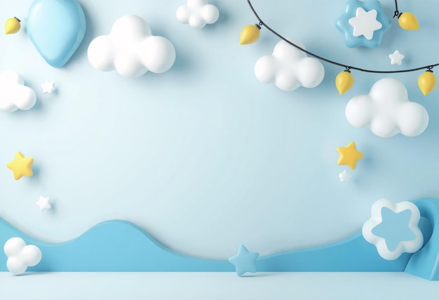 Blue and white 3d background with clouds stars and lights