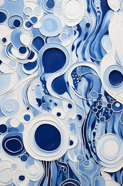 a blue and white abstract painting of circles and circles.