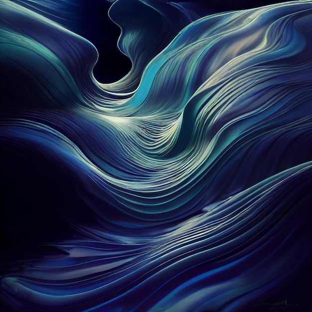 A blue and white abstract painting of a wave with a blue background.