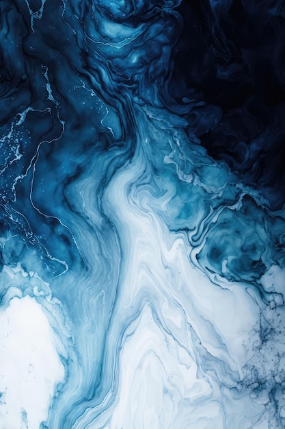 A blue and white abstract painting with a blue background.