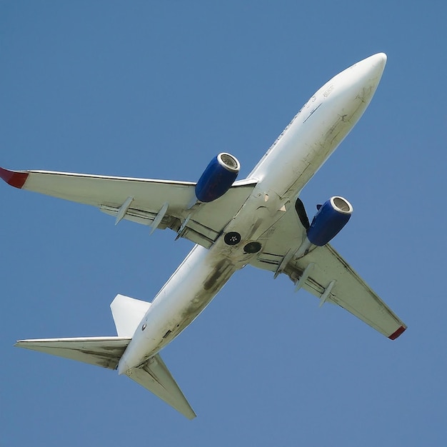 a blue and white airplane is flying in the sky