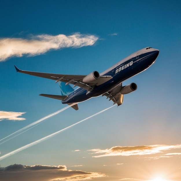 a blue and white airplane is flying in the sky