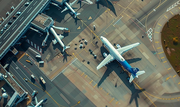 a blue and white airplane is on the runway with other planes