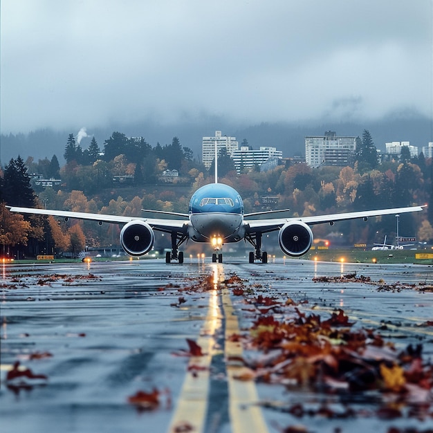 a blue and white airplane is taking off from the runway