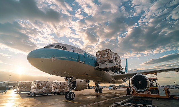 Photo a blue and white airplane with a cargo box on the front