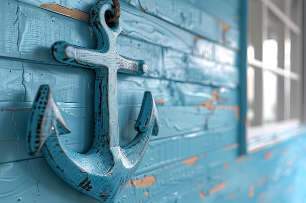 Photo a blue and white anchor hanging on a wall with a blue sign that says anchor