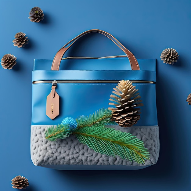 a blue and white bag with a pine cone on the top of it.