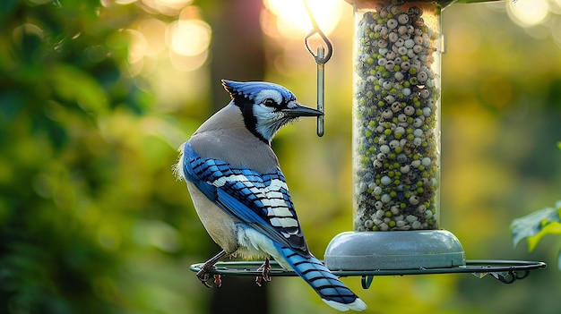 a blue and white bird is eating seeds from a bird feeder