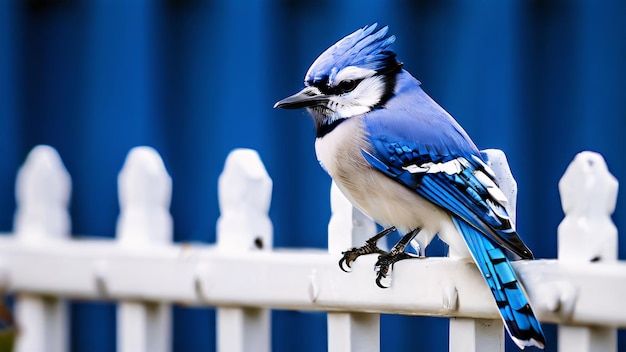 a blue and white bird is sitting on a fence