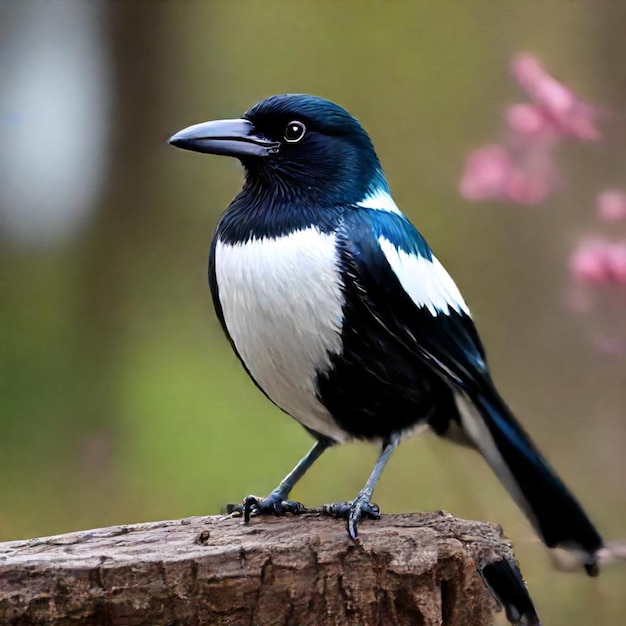 a blue and white bird is standing on a log