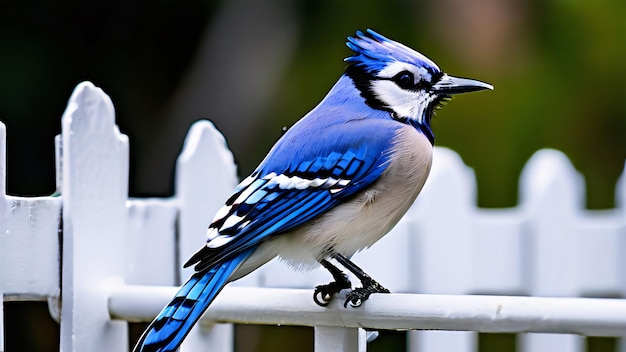 a blue and white bird sits on a fence