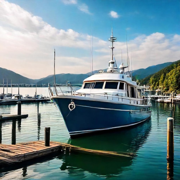 a blue and white boat is docked in a harbor