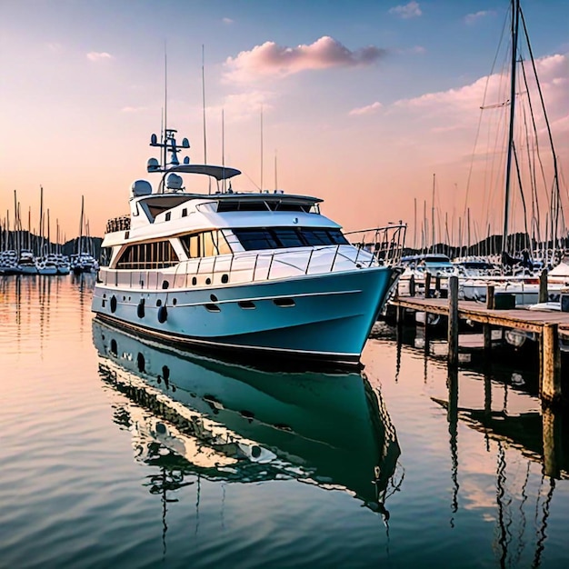 a blue and white boat is docked at a marina