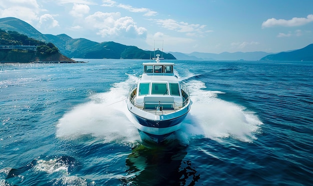 a blue and white boat is traveling through the water