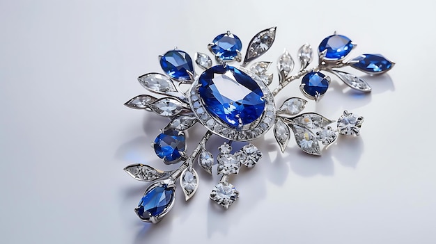 a blue and white brooch with a blue sapphire and diamond brooch