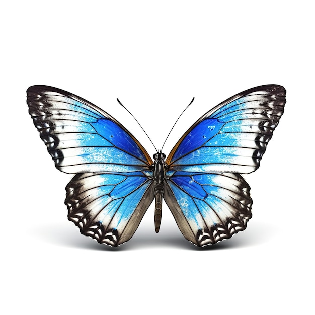 A blue and white butterfly with a black outline is shown on a white background.