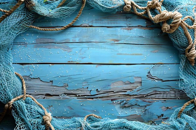 a blue and white cake with a blue rope and the word  sea  on it