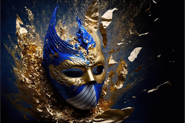 Blue and white carnival mask with glitter on a background of gold foil confetti and streamers