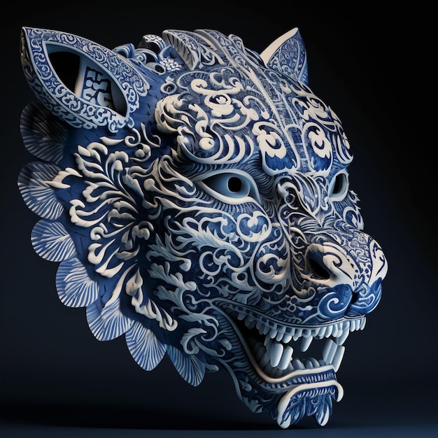 A blue and white ceramic cat head with a floral pattern.