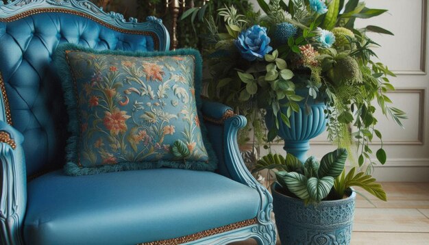 Photo a blue and white chair with a blue and white floral print on it