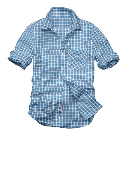 A blue and white checkered shirt is displayed against a white background.