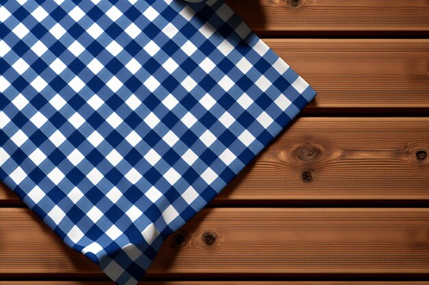 A blue and white checkered table cloth on a wooden table.