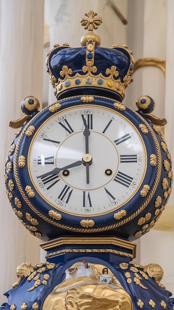 Photo a blue and white clock with roman numerals and a gold crown