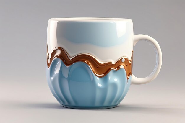 a blue and white coffee mug with a brown and white design