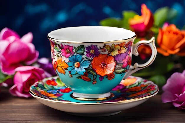 Photo a blue and white cup with a floral design on ita colorful cup with a flower design on it