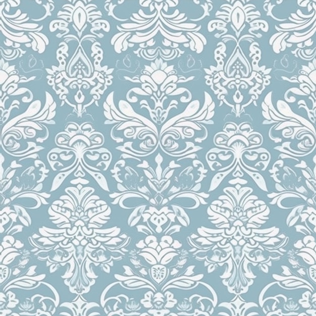 A blue and white damask wallpaper that is seamless and repeats.