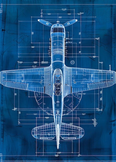 Photo a blue and white drawing of a plane with a blue background the plane is drawn in black and white and is labeled with numbers and measurements