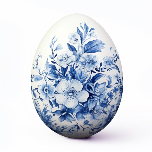 Photo a blue and white egg with flowers on it