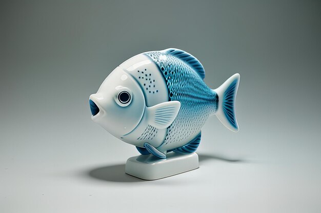 Photo a blue and white fish figurine with the word  e  on it